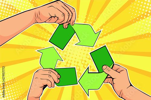 Paper recycle sign in hands. Save world ecology concept. Vector Illustration in pop art retro comic style