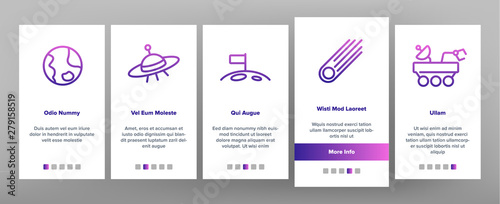 Space Exploration Vector Onboarding Mobile App Page Screen. Outer Space, Extraterrestrial Life Linear Pictograms. Solar System, Moon Surface Research, Satellites, Telescopes, Spaceships Illustrations