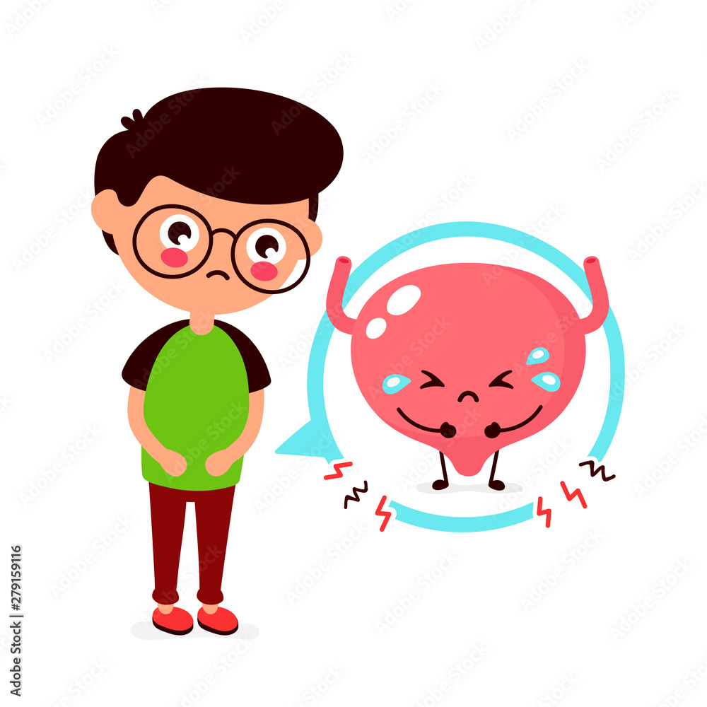 Sad sick young man with pain in bladder 