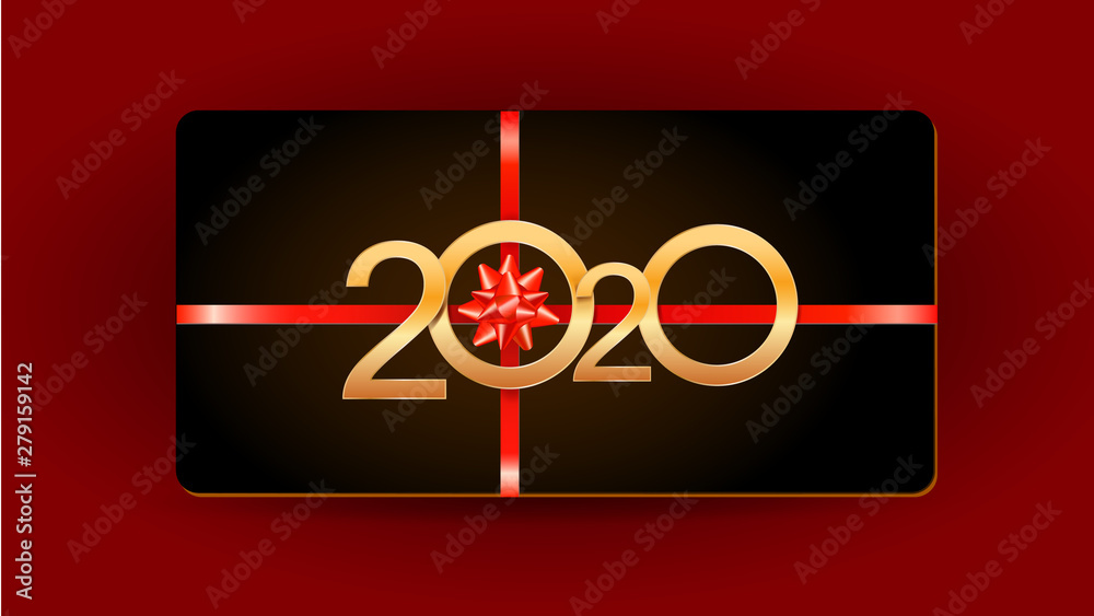 2020 Happy New Year black card design with golden numbers, ribbon and gift bow isolated on red background. Template for holiday banners, posters, flyers, greetings or invitation. Vector illustration