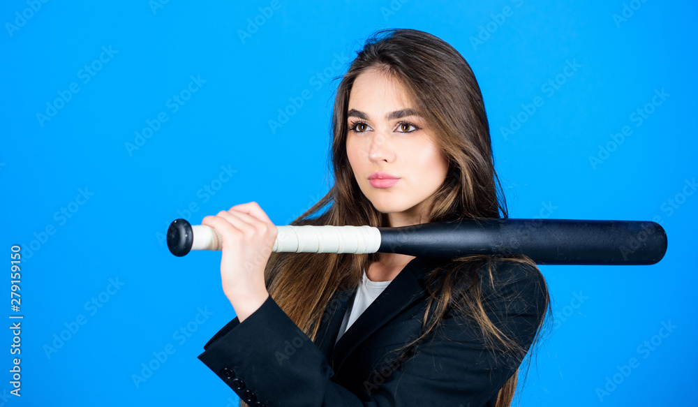 Business strategy. Confidence and strength. Life game. Build career. Woman pretty girl bear formal jacket and hold baseball bat. Aggressive business. Business lady boss. Time demands decisive actions Business strategy. Confidence and strength. Life game. Build career. Woman pretty girl bear formal jacket and hold baseball bat. Aggressive business. Business lady boss. Time demands decisive actions