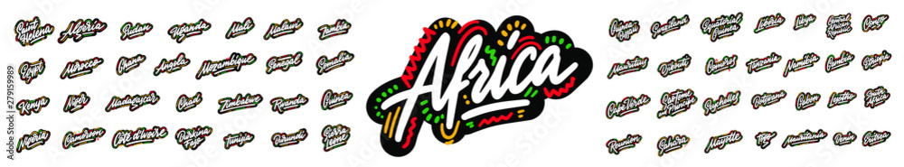 Set of typography African countries. Handwritten design modern brush lettering isolated vector.