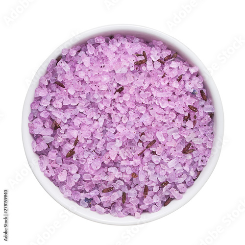 SPA conept. Lavender bath salt in bowl isolated over white background with clipping path. Top view