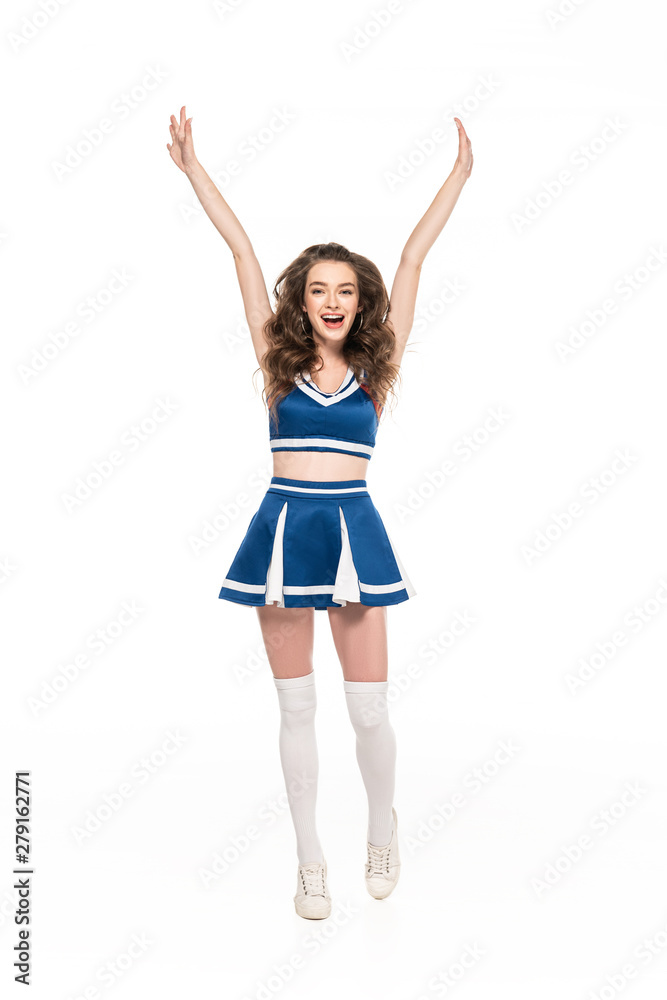 sexy happy cheerleader girl in blue uniform jumping with hands in air isolated on white sexy happy cheerleader girl in blue uniform jumping with hands in air isolated on white