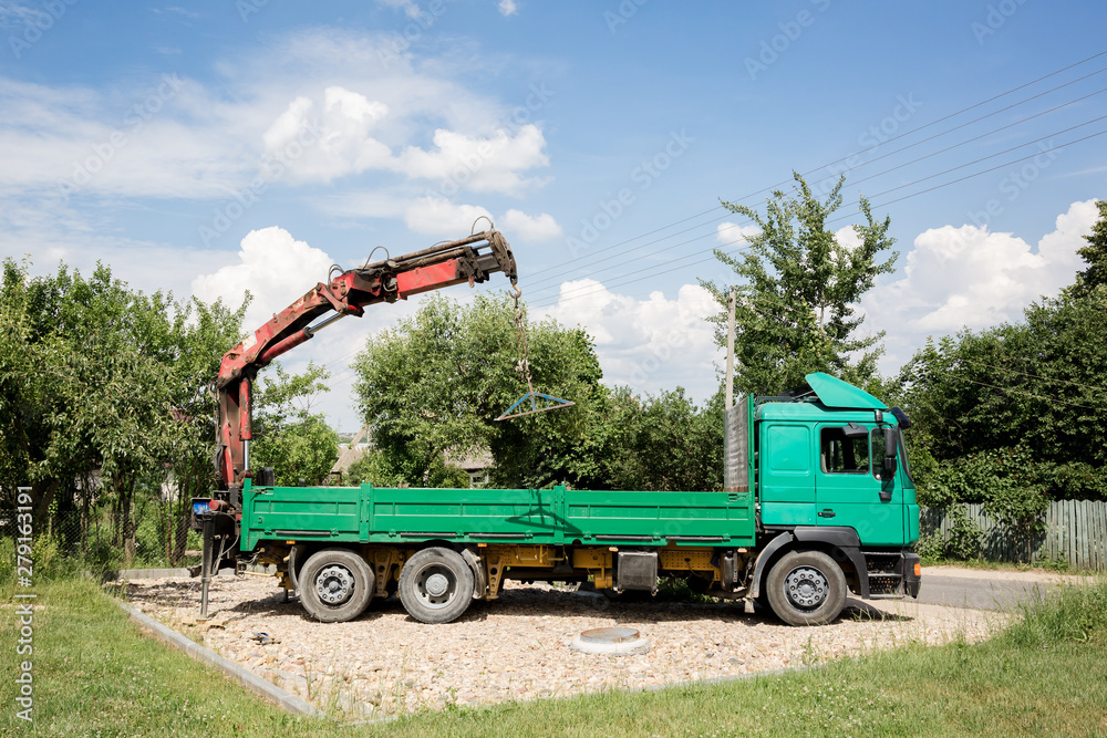 Truck with mounted crane. Transportation banner Truck with mounted crane. Transportation banner
