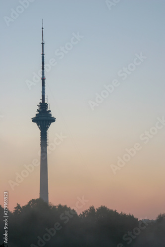 TV tower in Tallinn at dawn over the trees against the sky. The sky is blue and pink. Below the trees in the fog.