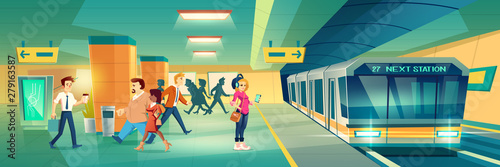 Woman at metro station. Relaxed girl listen music in headset going to subway entrance, stand on tube platform, city metropolitan underground view with train. Cartoon vector illustration