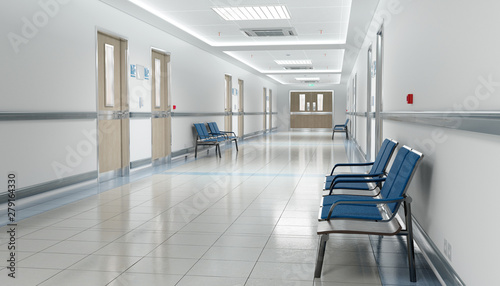 Long hospital bright corridor with rooms and seats 3D rendering photo