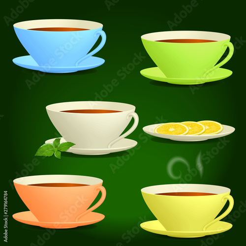 Cups of tea with mint and lemon