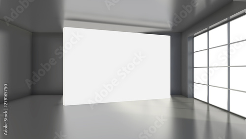 Large white billboard standing near a window in a black room. 3D rendering. © mirexon