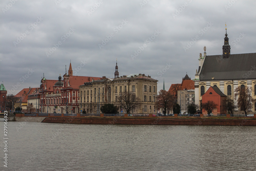 Beautiful historic building on the banks of the Oder River in Wroclaw. Poland