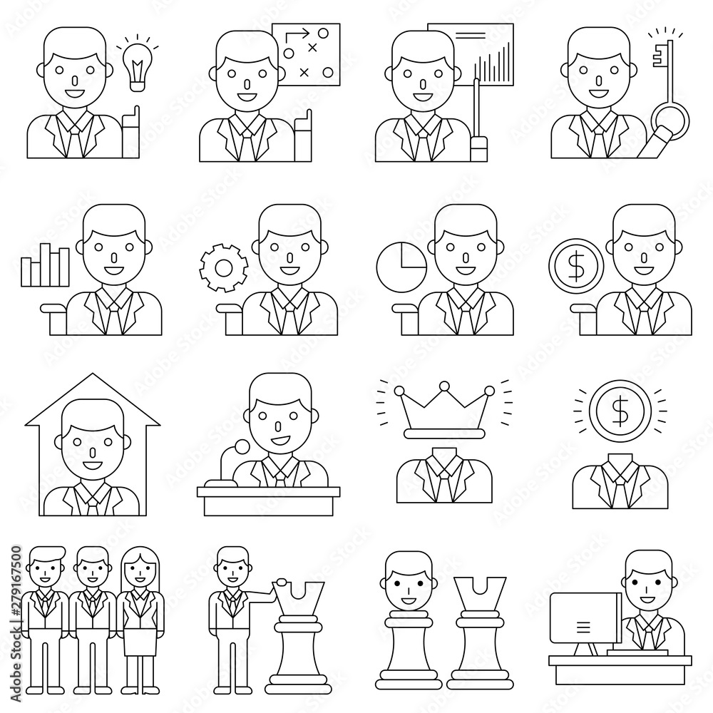Businessman vector illustration set, line style icon