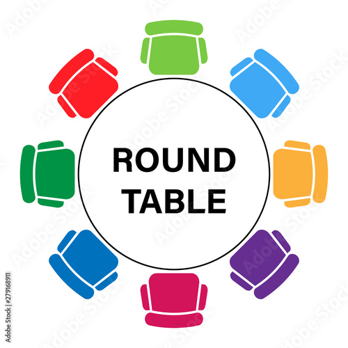 Conference meeting icon. Round table logotype. Dining room furniture top view. Abstract vector background. Round frame.