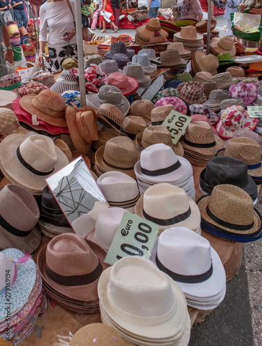 Hats At the market. St. Pons de Thomieres Languedoc France. 
