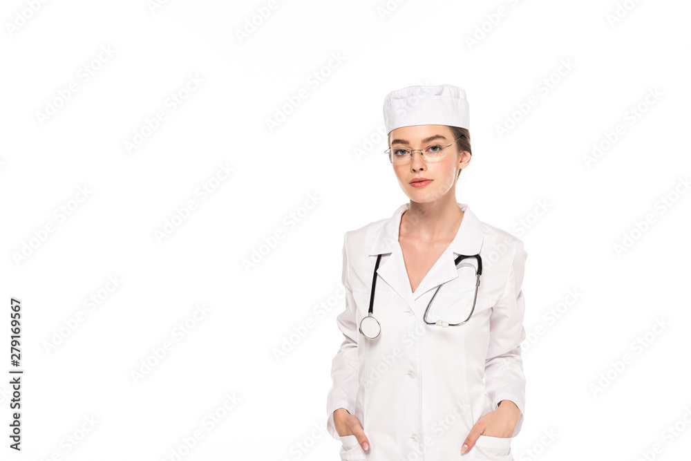 young doctor in white coat with stethoscope and hands in pockets isolated on white young doctor in white coat with stethoscope and hands in pockets isolated on white