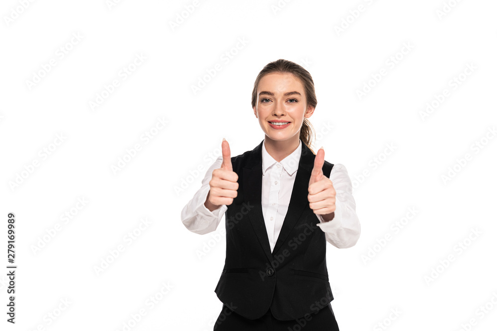 happy young waitress showing thumbs up isolated on white happy young waitress showing thumbs up isolated on white