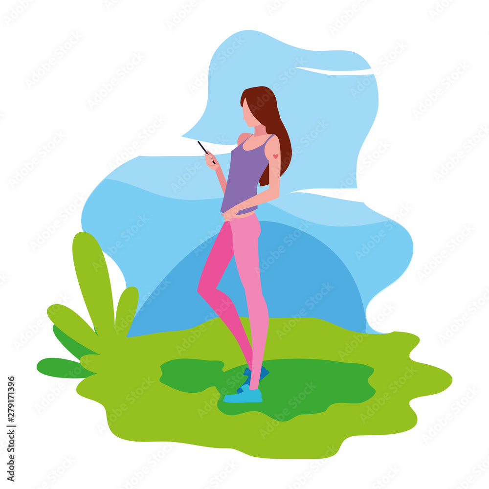 woman using smartphone device in the landscape woman using smartphone device in the landscape