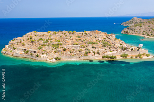 Aerial drone view of the former ancient fortress and leper colony island of Spingalonga on the Greek island of Crete