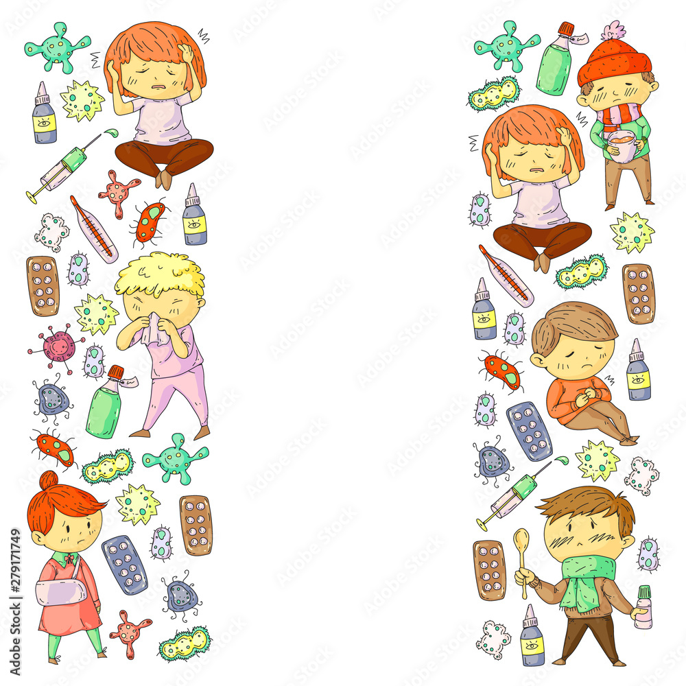 Vector pattern with little children. Illustration of Child diseases, flu, illness Vector pattern with little children. Illustration of Child diseases, flu, illness