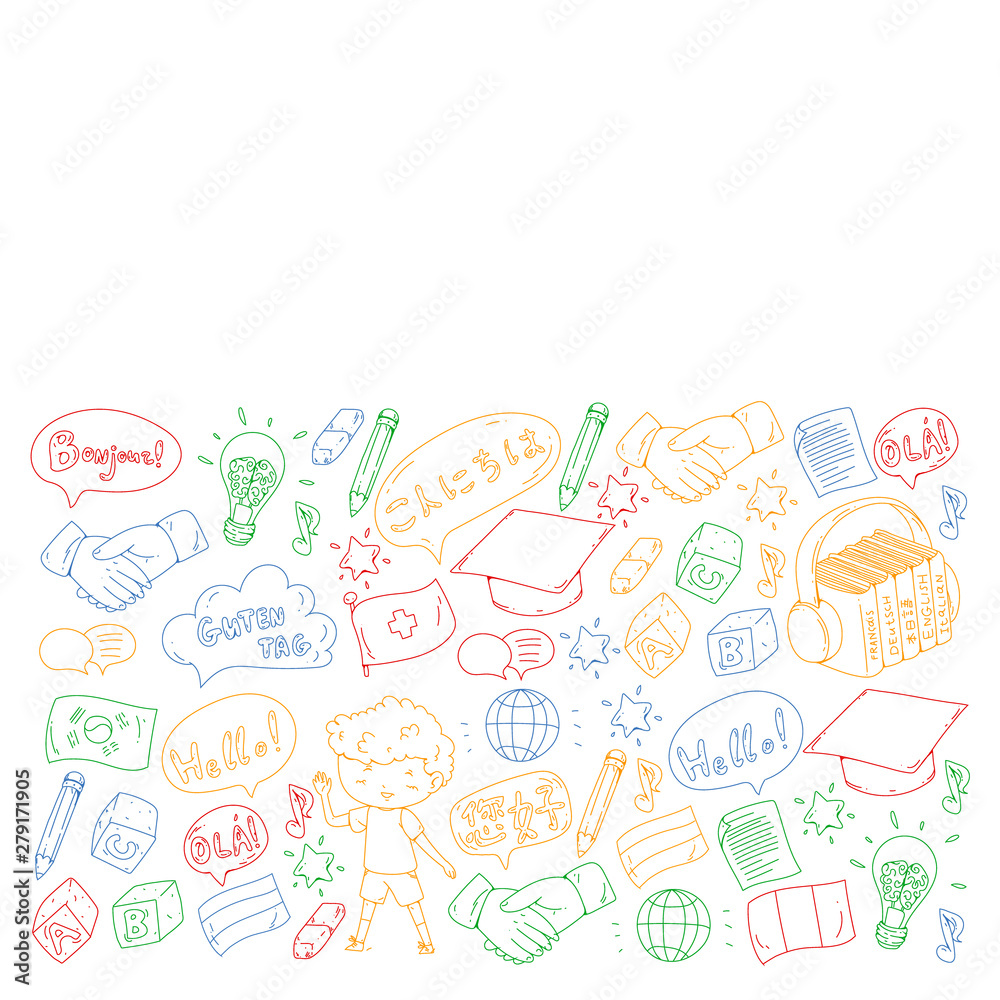 Vector pattern for language class, online courses. English, arabic, italian, japanese, spanish, chinese, german. Vector pattern for language class, online courses. English, arabic, italian, japanese, spanish, chinese, german.