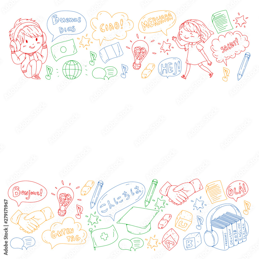 Vector pattern for language class, online courses. English, arabic, italian, japanese, spanish, chinese, german. Vector pattern for language class, online courses. English, arabic, italian, japanese, spanish, chinese, german.