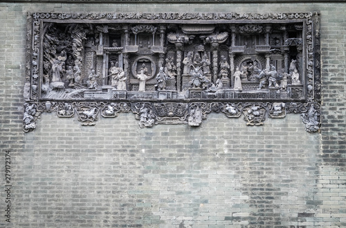 Photography Traditional Chinese ciment sculpting on the wall, At the Chen’s house