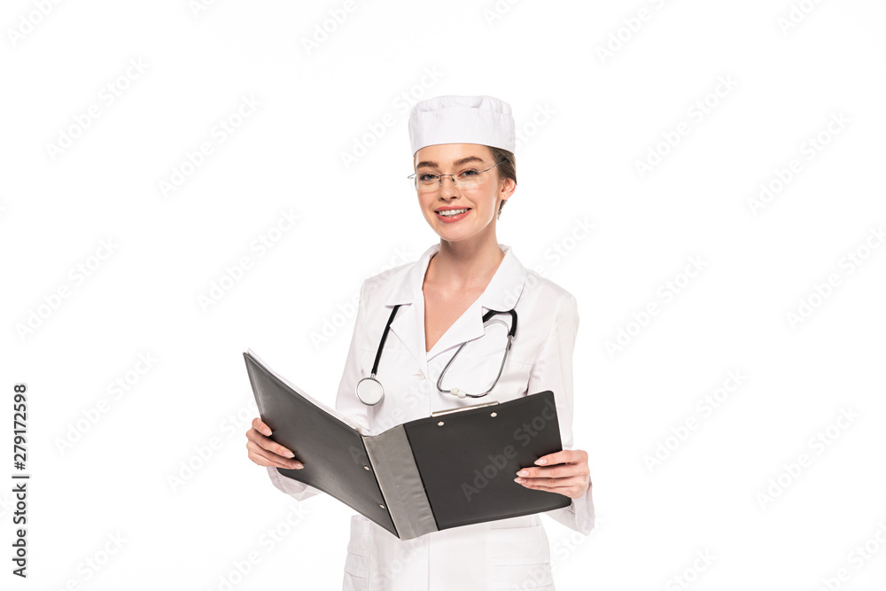 young smiling doctor in white coat with stethoscope and folder isolated on white young smiling doctor in white coat with stethoscope and folder isolated on white