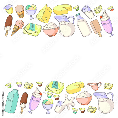 Vector pattern with icons of milk, butter,cottage cheese, sour cream, cheese, yogurt, ice cream, cream. Collection of dairy products.