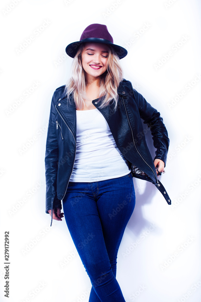 young pretty blond girl hipster in hat posing smiling happy isolated on white background, lifestyle people concept young pretty blond girl hipster in hat posing smiling happy isolated on white background, lifestyle people concept