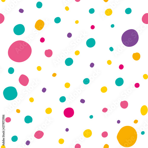 Sweet colorful dragee candy. Multicolored polka dot seamless pattern. Vector template for festive design.