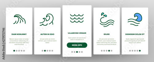 Sea And Ocean Waves Vector Onboarding Mobile App Page Screen. Water Splashes, Wave With Foam. Surfing And Water Sport. Swimming And Sailing. River, Aqua Illustrations