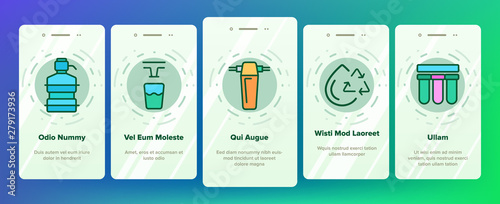 Water Treatment Vector Onboarding Mobile App Page Screen. Water Treatment, Professional Equipment for Purification Linear Pictograms. Antibacterial Filters, Liquid Cleaning Circles System Illustration