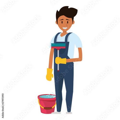 Cleaner worker with cleaning products and equipment