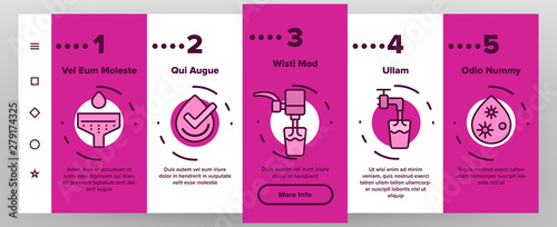 Water Treatment Vector Onboarding Mobile App Page Screen. Water Treatment, Professional Equipment for Purification Linear Pictograms. Antibacterial Filters, Liquid Cleaning Circles System Illustration