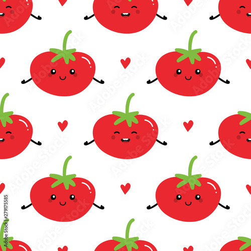 Fototapeta Naklejka Na Ścianę i Meble -  Cute vector seamless pattern background with tomato characters and hearts.