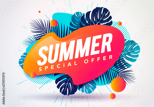 Vector illustration summer sale banner template. Abstract geometric background with tropical leaves.