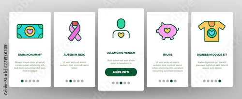 Volunteers, Charity Vector Onboarding Mobile App Page Screen. Volunteering, Charitable Organizations Logo Linear Pictograms. Donations, Humanitarian Aid, Peace-Keeping Missions Illustrations