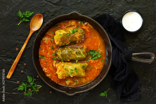Ukrainian traditional dish with cabbage and stuffed cabbage. Selective focus. photo