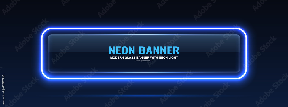 Rectangular glass banner. Transparent billboard with neon lights. Vector illustration.