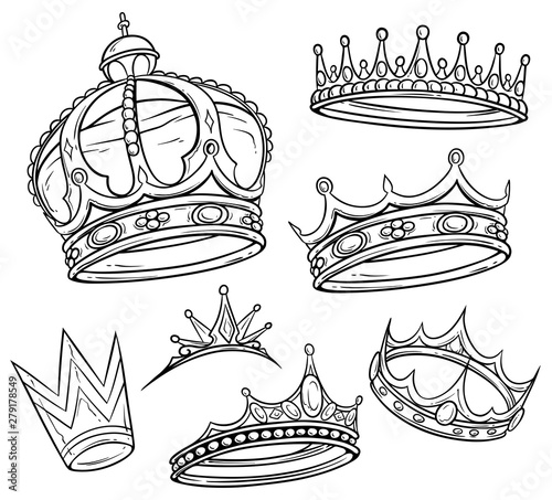 Cartoon black and white royal king crown with diamonds and gems. Isolated on white background. Vector icon set.