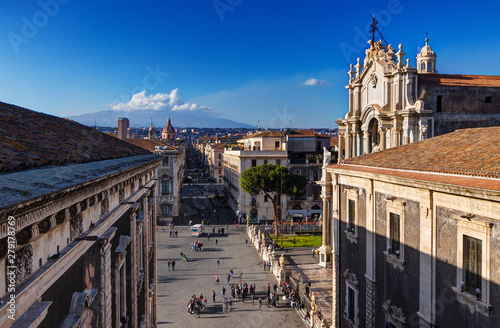 Catania, Sicily: aerial view of the city center with Etna Mount on background