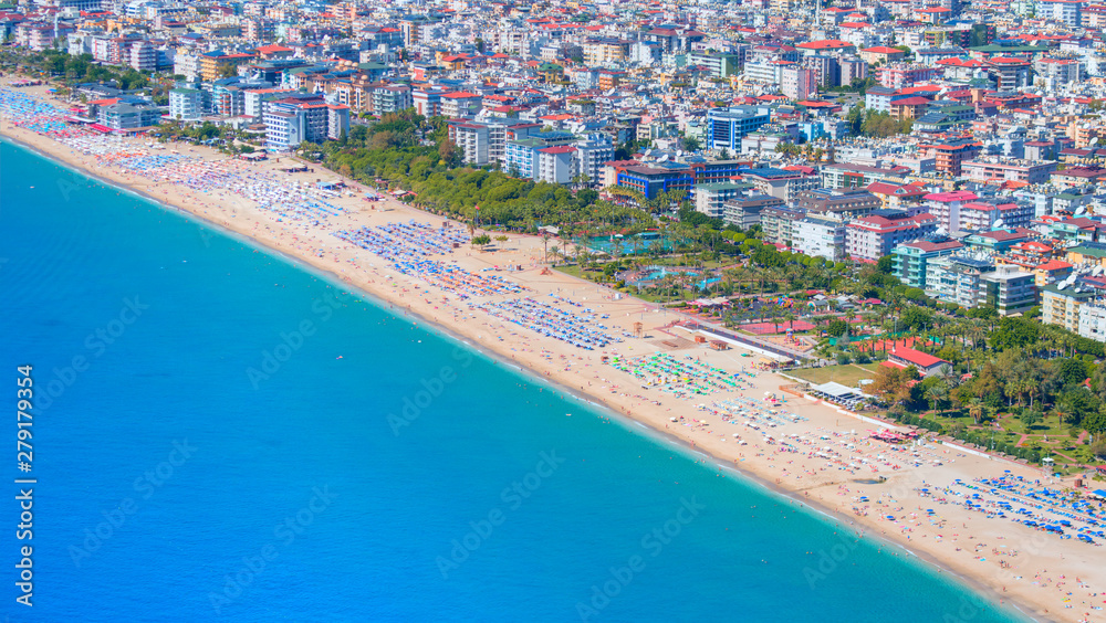 Holidaymakers sunbathing at Cleopatra beach . One of the beaches of the Mediterranean coast - Alanya, Turkey