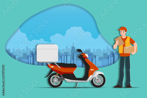 Delivery service man holding parcel box with a motorbike ready to transport to receiver everywhere and very fast express to make customer satisfy and return to use this service again.