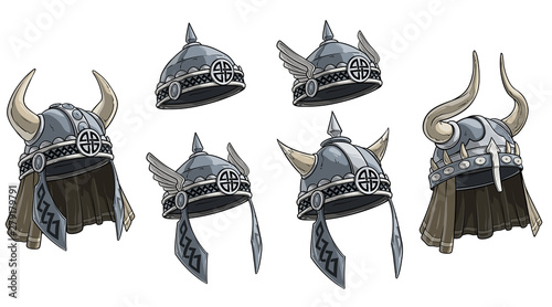 Cartoon metal viking warrior helmet with horns, wings and runes. Isolated on white background. Vector icon set. Vol. 2