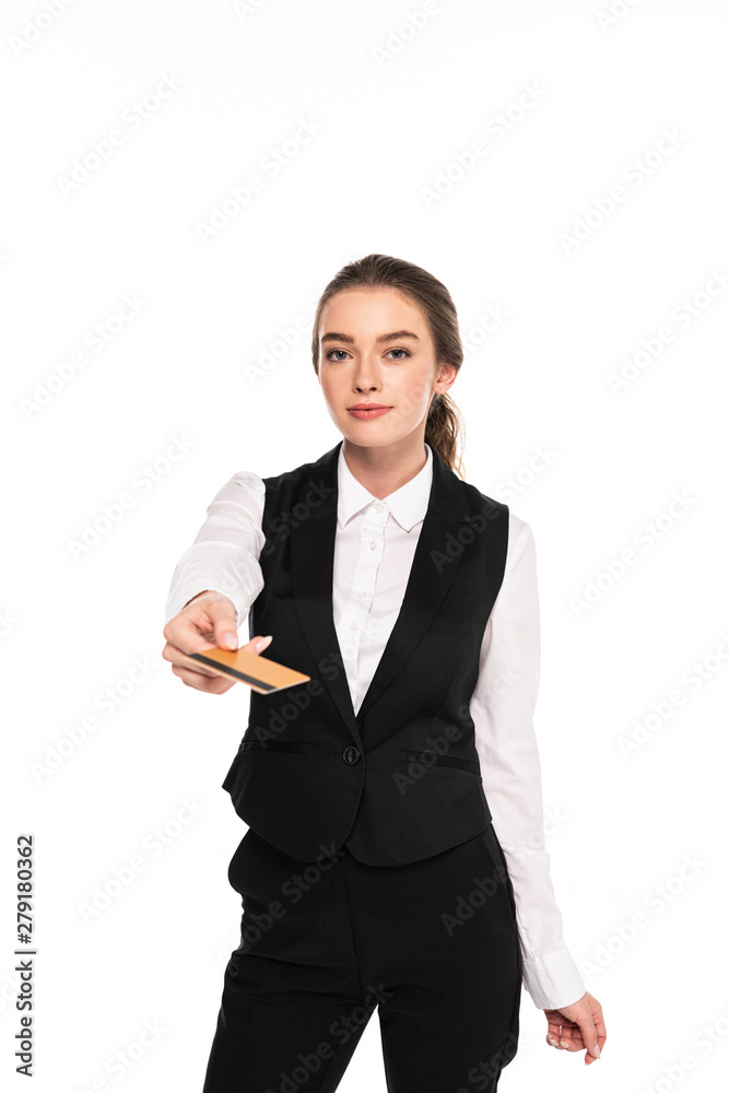 young waitress holding credit card isolated on white young waitress holding credit card isolated on white