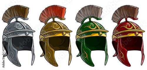 Cartoon colorful metal ancient roman soldier warrior helmet with crest. Isolated on white background. Vector icon set.