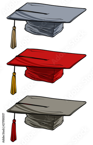 Cartoon colorful academic graduation mortarboard square cap. Isolated on white background. Vector icon set.