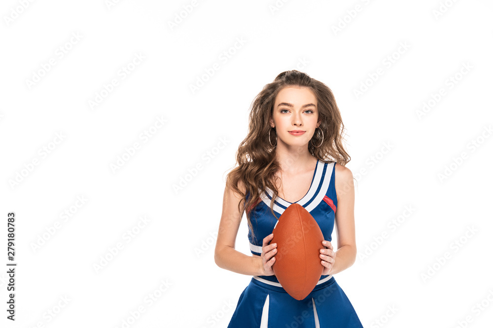 cheerleader girl in blue uniform holding rugby ball isolated on white cheerleader girl in blue uniform holding rugby ball isolated on white