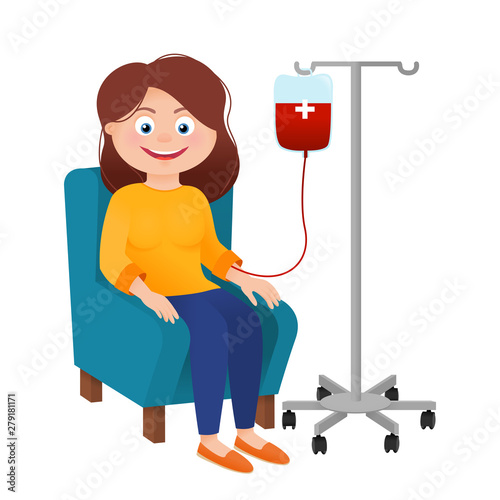 Blood donation, volunteer woman sitting on chair isolated on white vector photo