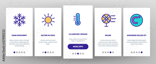 Color Heating And Cooling System Vector Onboarding Mobile App Page Screen. Heating And Cooling Air Conditioning Outline. Temperature Control Equipment. Radiator, Fan, Thermometer Contour Illustrations